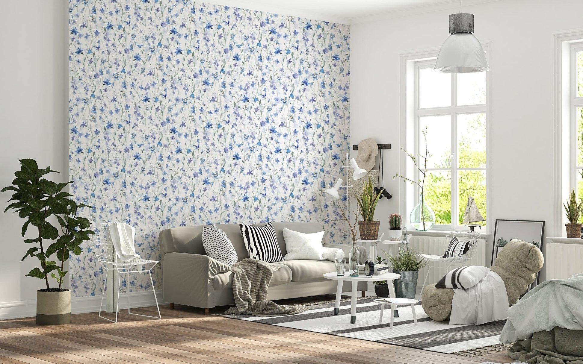 Minimalist home office featuring blue garden theme wallpaper on a single feature wall.