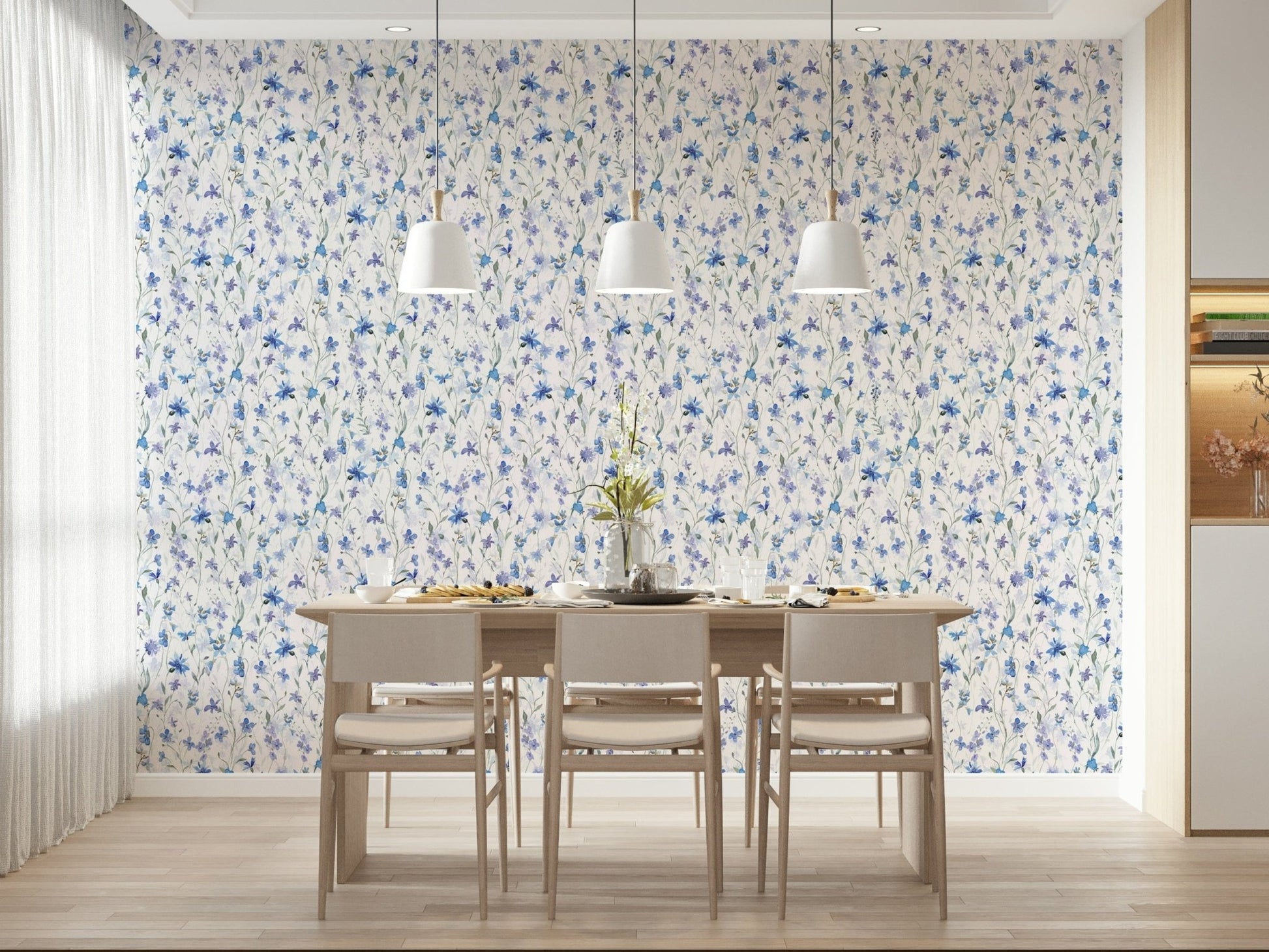 Elegant garden mural with blue blossoms in a spacious hallway with marble flooring.