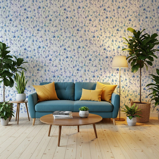 Floral wallpaper with teal and azure tones for a peaceful yoga or meditation room.