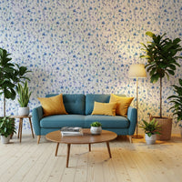 Floral wallpaper with teal and azure tones for a peaceful yoga or meditation room.