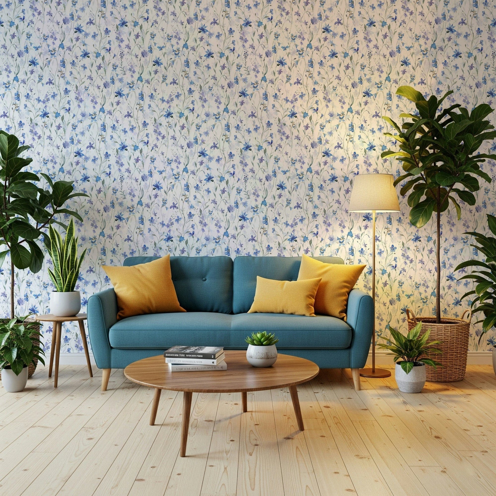 Floral wallpaper with teal and azure tones for a peaceful yoga or meditation room., GD7685