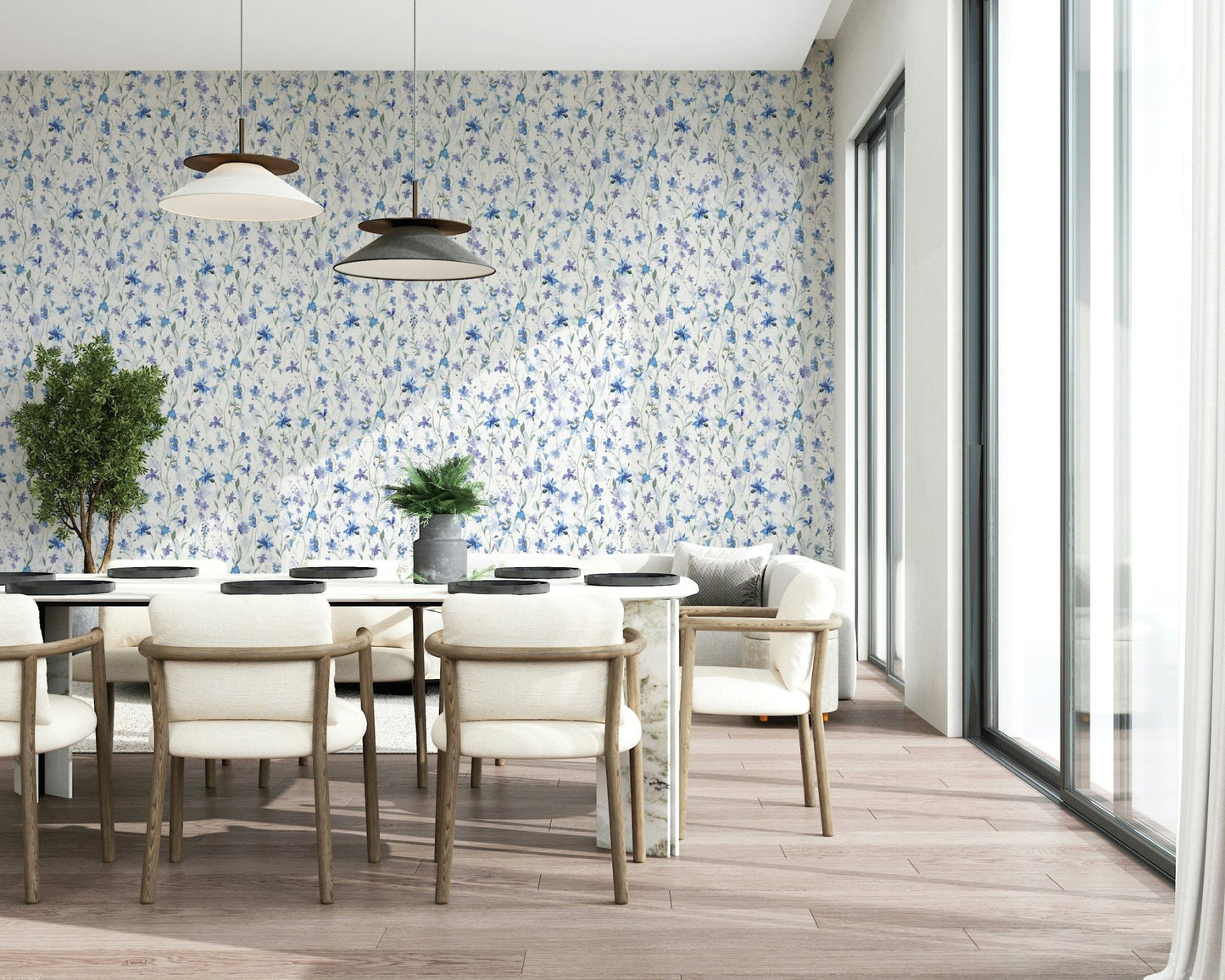 Soft azure floral wall covering for a contemporary dining area with natural light.