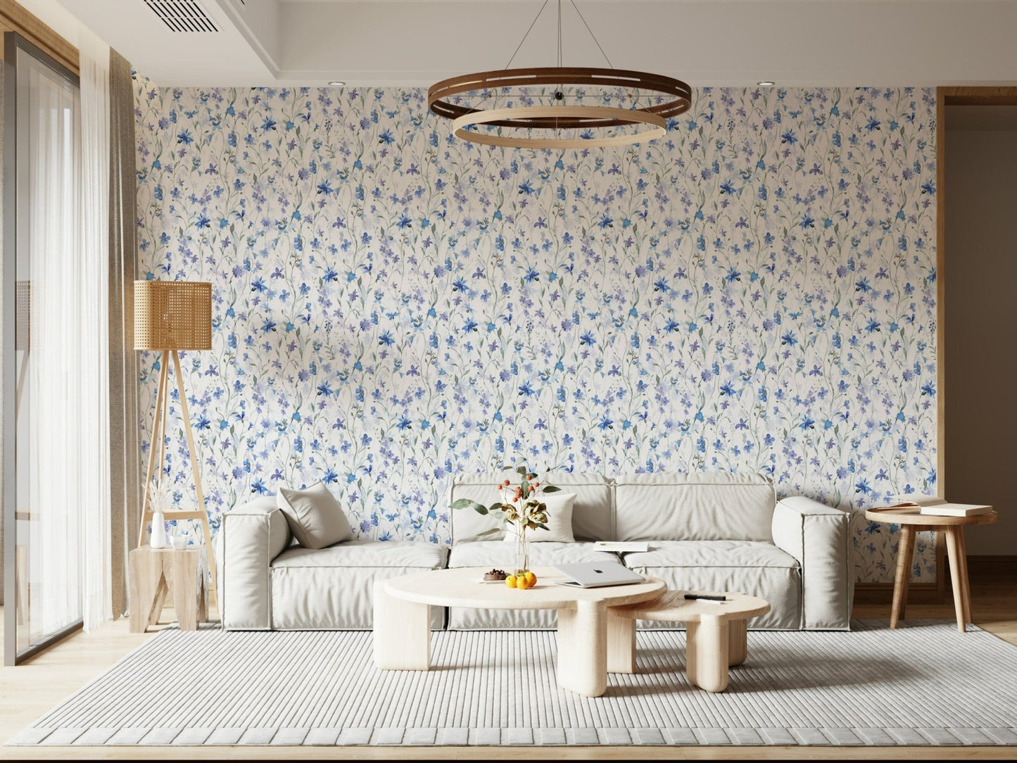 Large scale botanical print wallpaper in a bright nursery with light wood accents.
