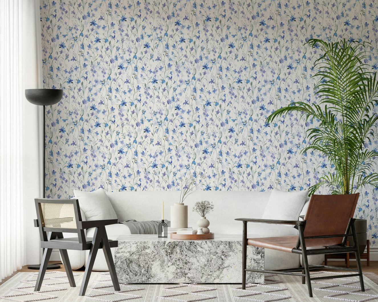 Blue floral patterns on botanical wall mural for a master bedroom.