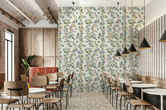 Azure Bloom wall mural design with winding floral pattern.