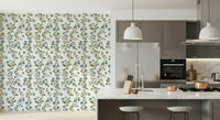 Azure Bloom wallcovering, lush leaves and lavender accents.