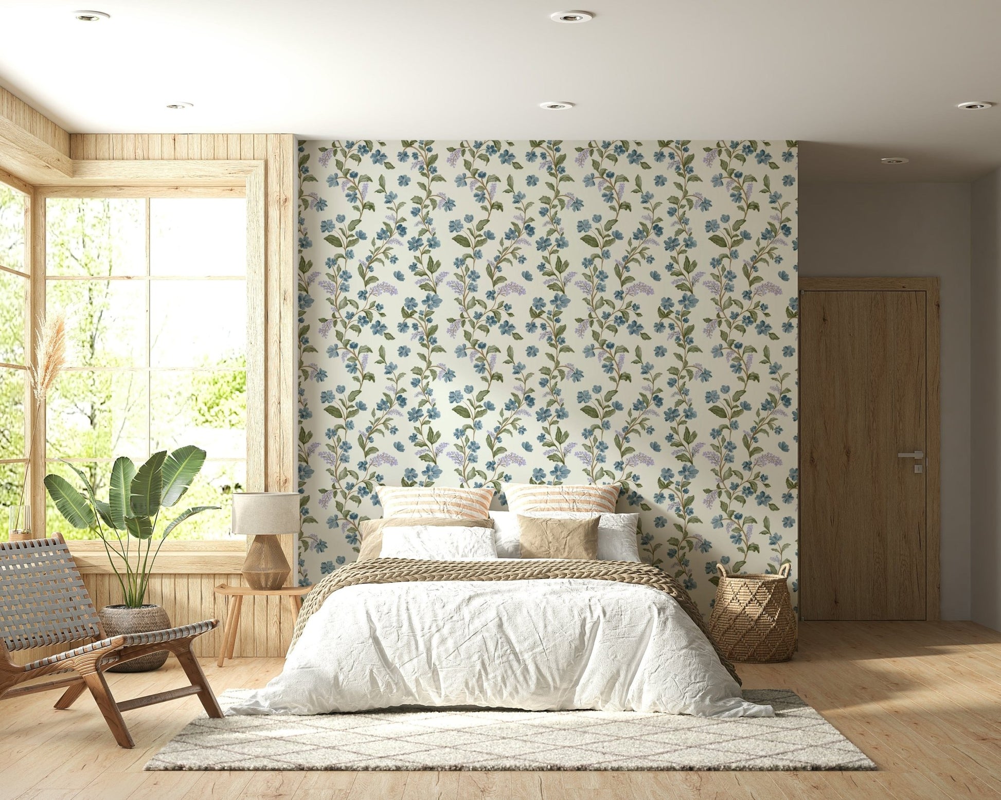 Sublime Trail peel and stick wallpaper, serene blue flowers.