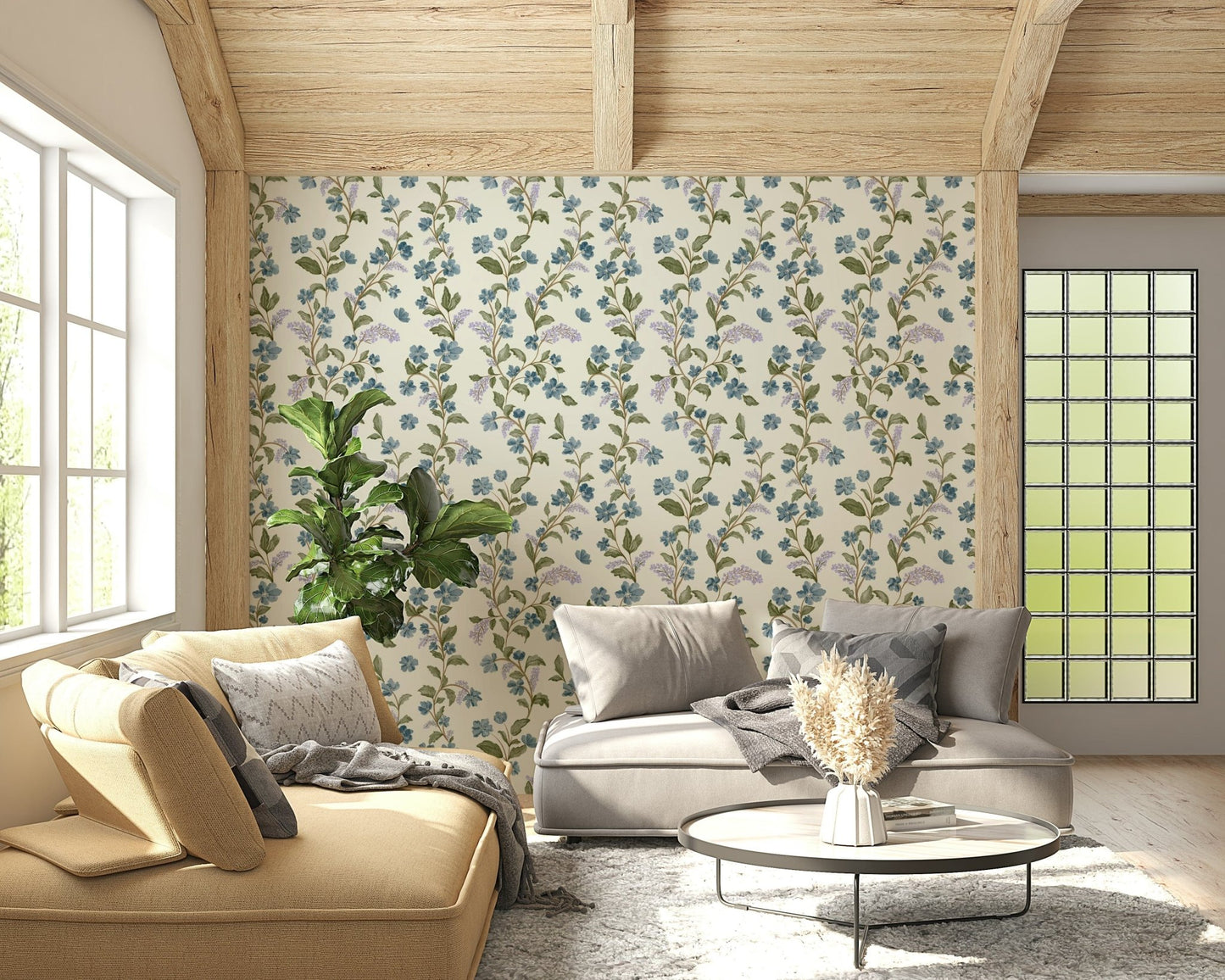 Trail blue floral wallpaper for walls, gentle watercolor effect.