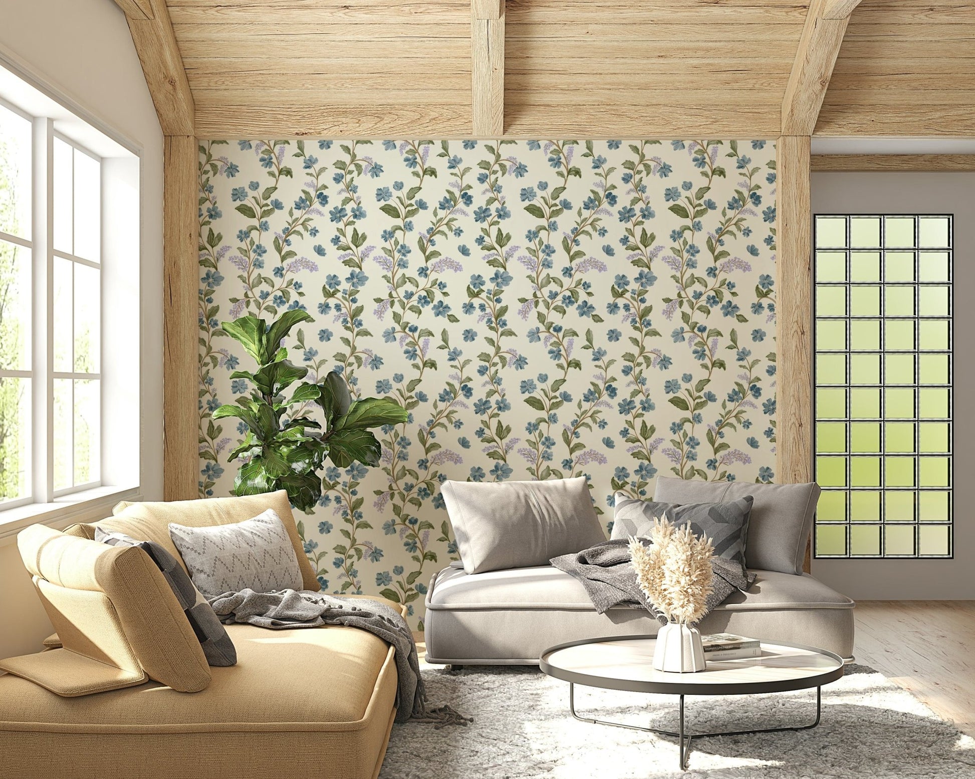 Trail blue floral wallpaper for walls, gentle watercolor effect.