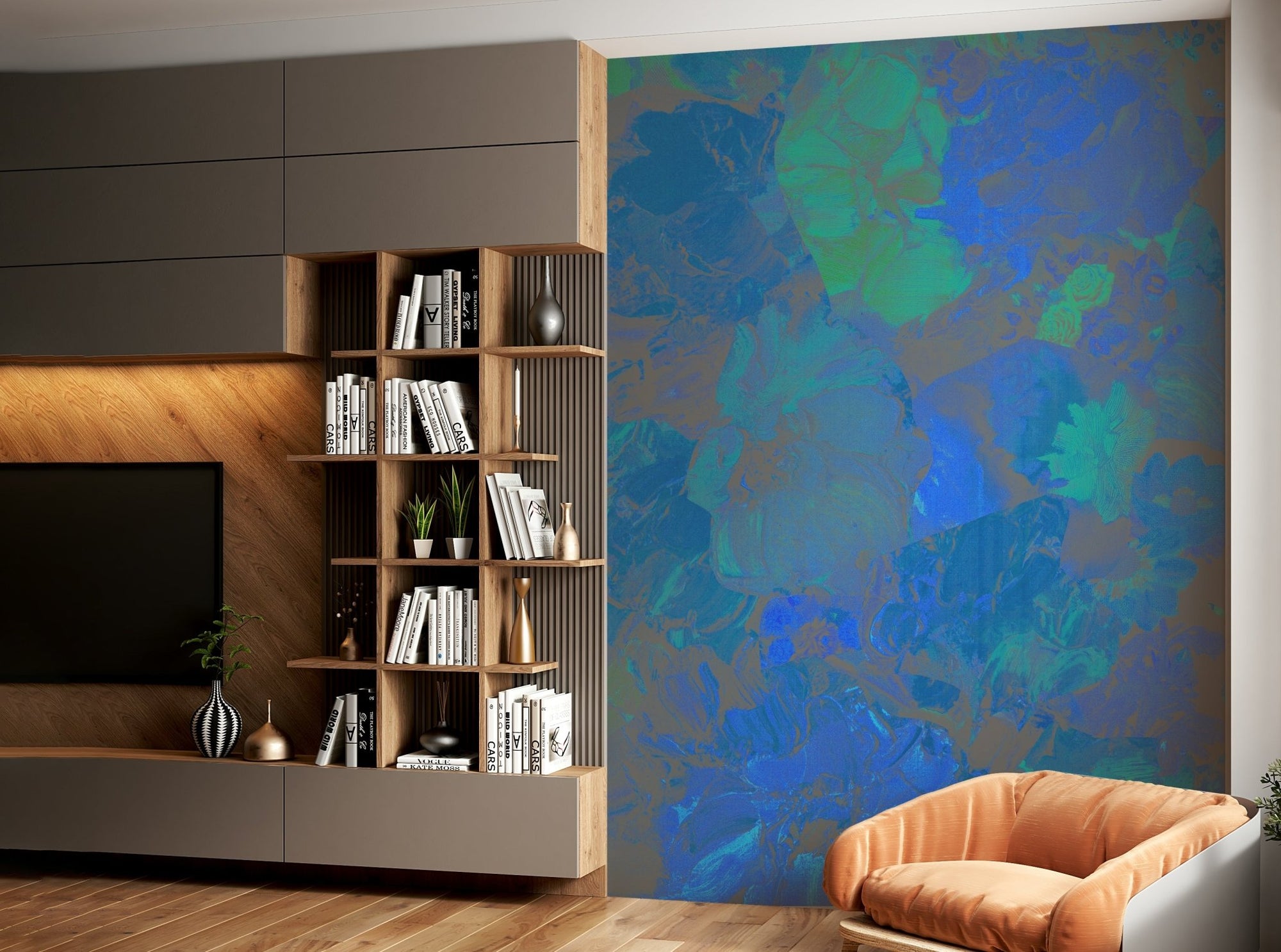 Azure Bloom Wall Mural featuring deep blue and teal floral art GD5083