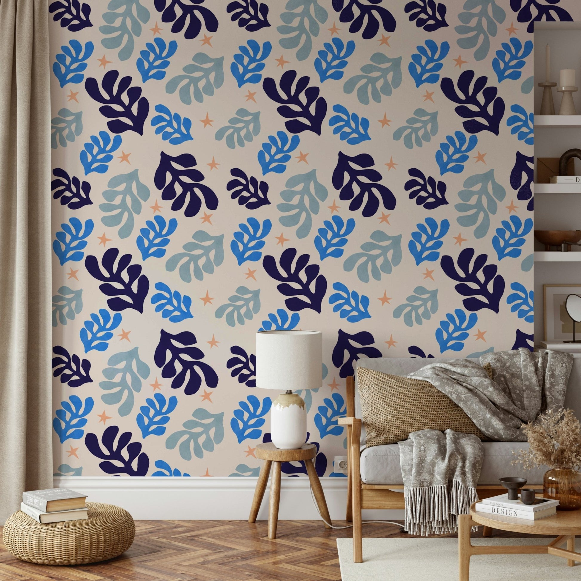 The image shows an artistic impression of a serene botanical scene with azure tones.

