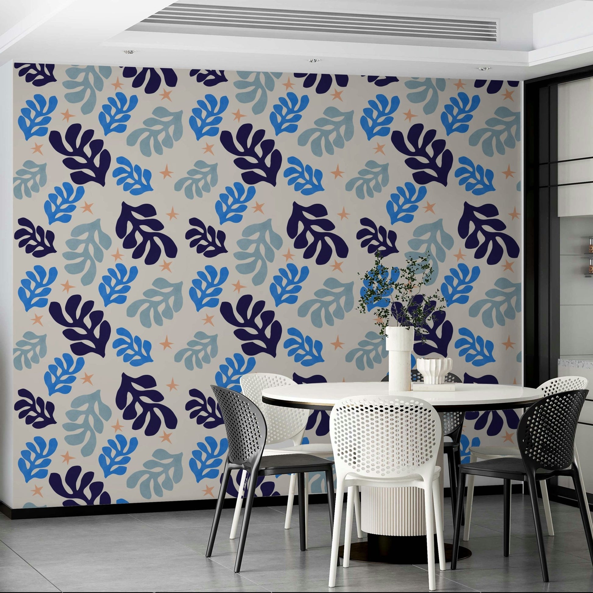 A wall mural of a peaceful botanical pattern.

