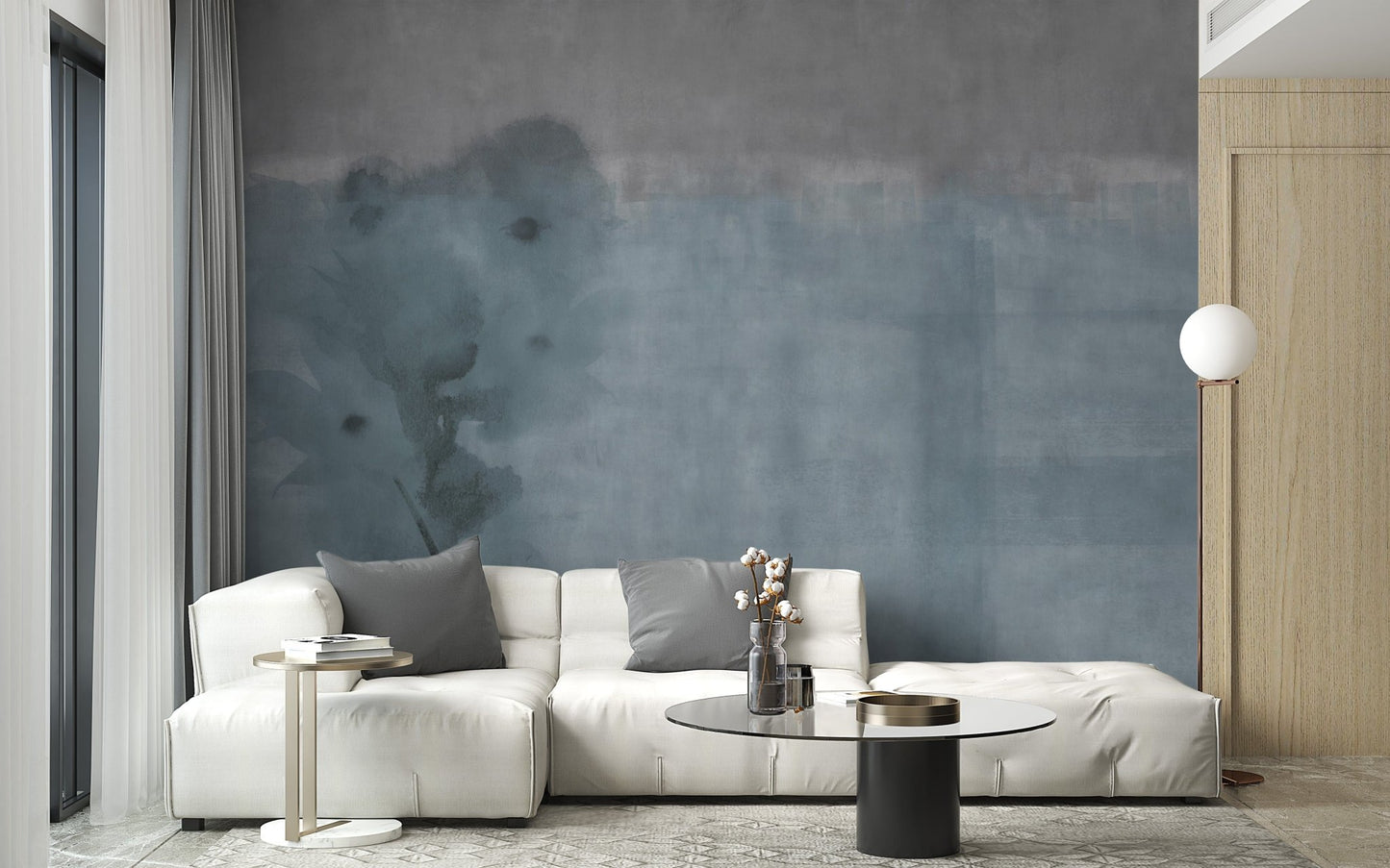 Scenic light blue watercolor mural design
