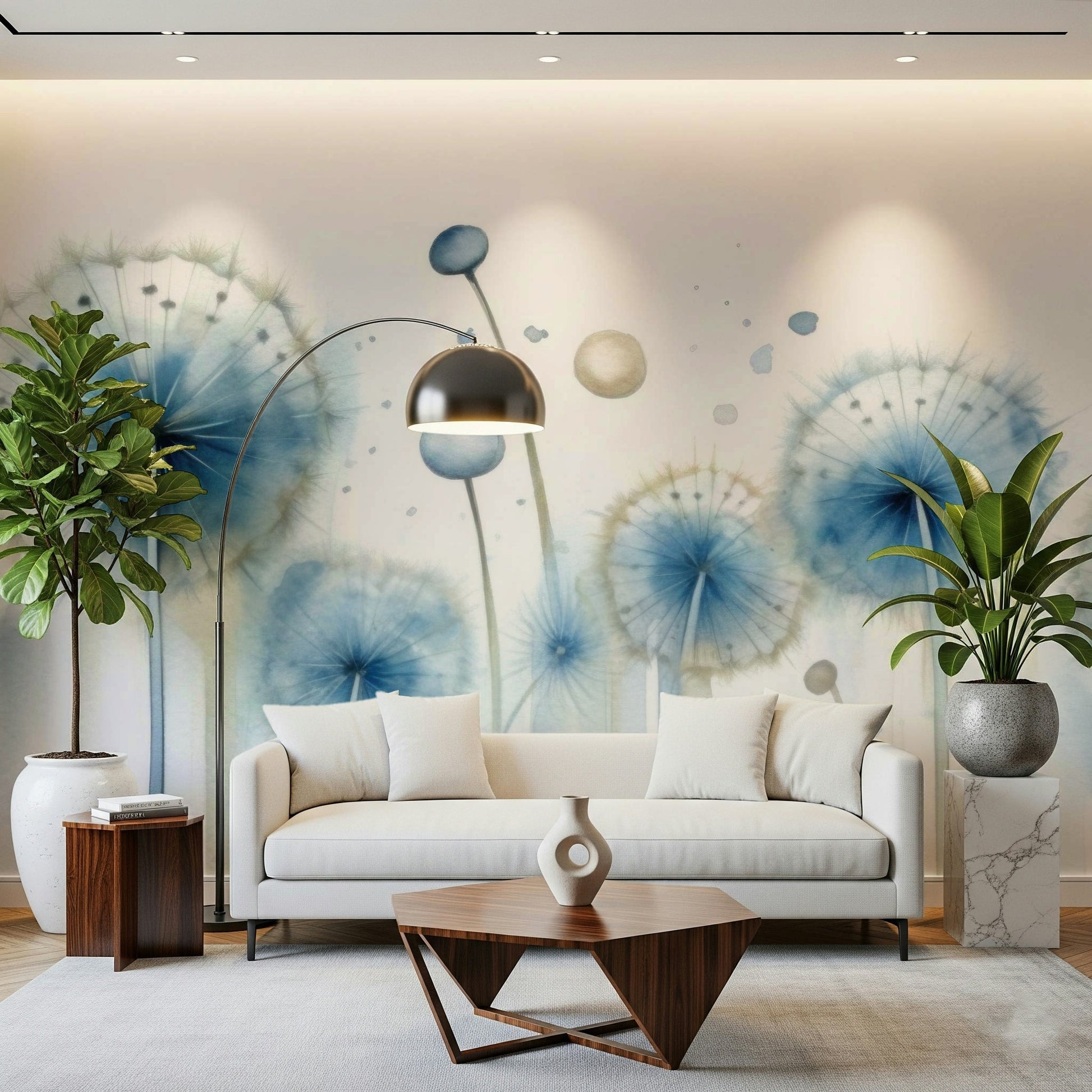 Dandelion seeds floating on the Azure Dreams Dandelion Whispers Wall Mural.