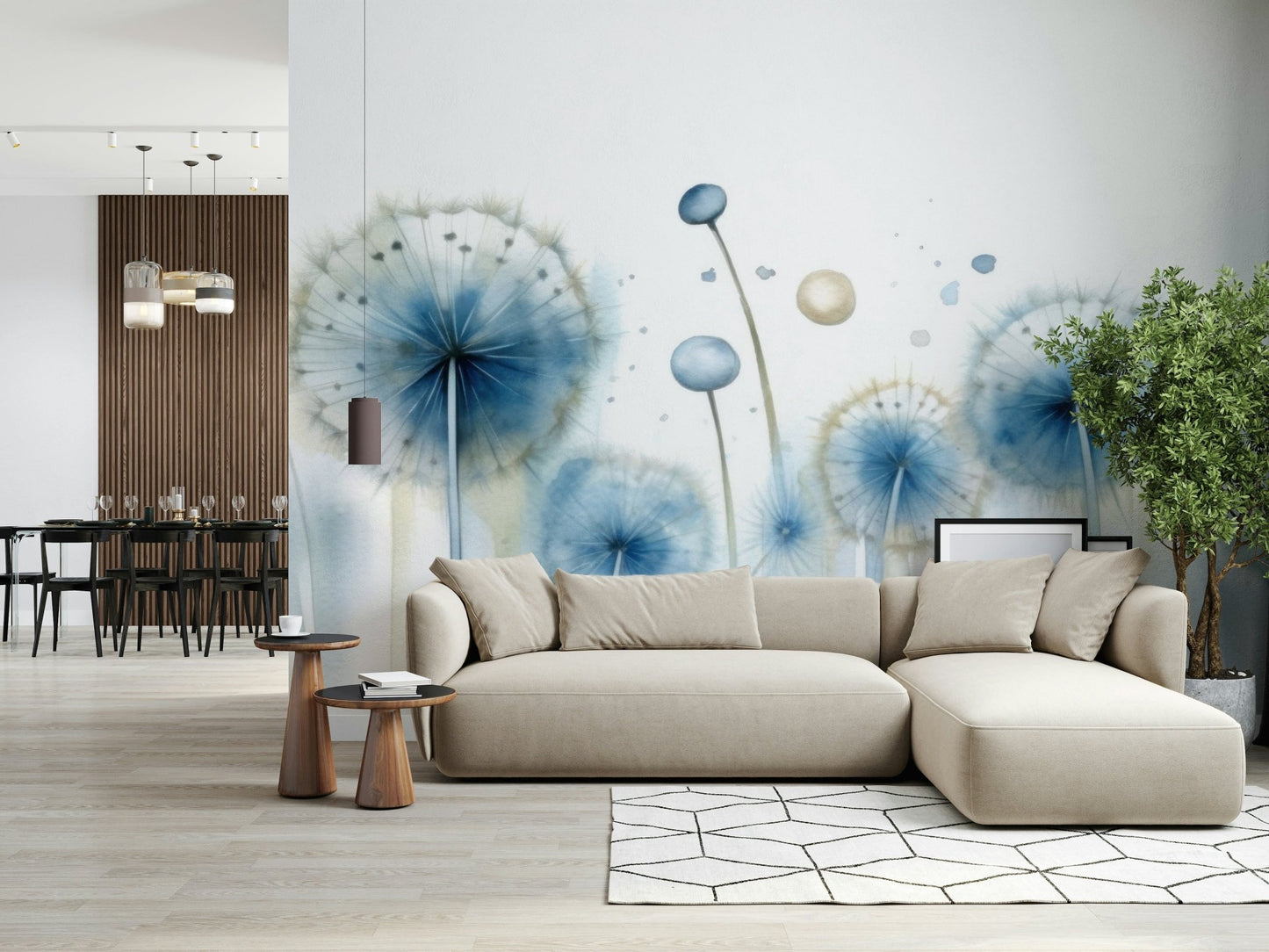 Horizontal scene of the dreamy Azure Dreams Dandelion Whispers Wall Mural.