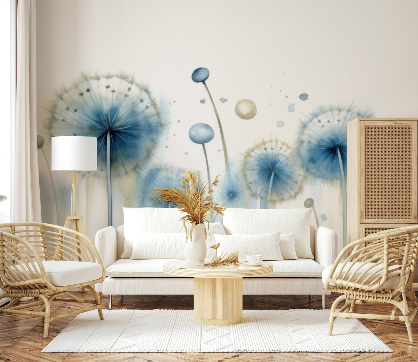 Sitting area featuring the airy Azure Dreams Dandelion Whispers Wall Mural.