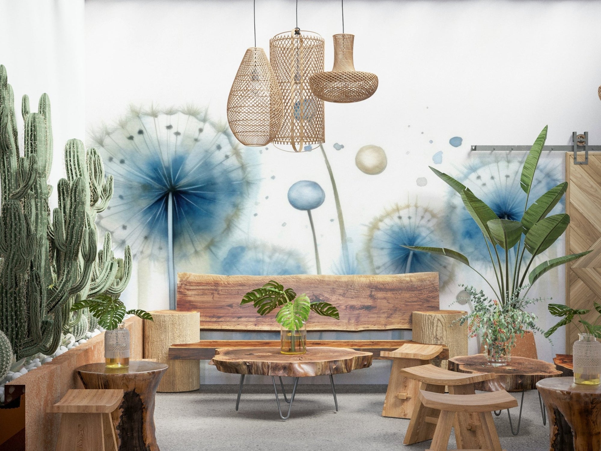 Azure Dreams Dandelion Whispers Wall Mural in a calming bedroom., GD6246