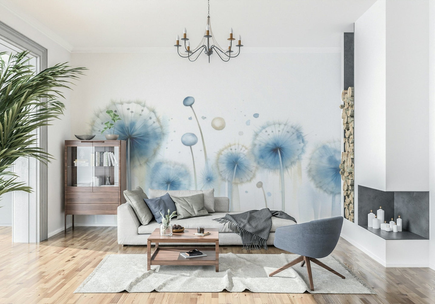 Accent wall featuring the ethereal Azure Dreams Dandelion Whispers Wall Mural.