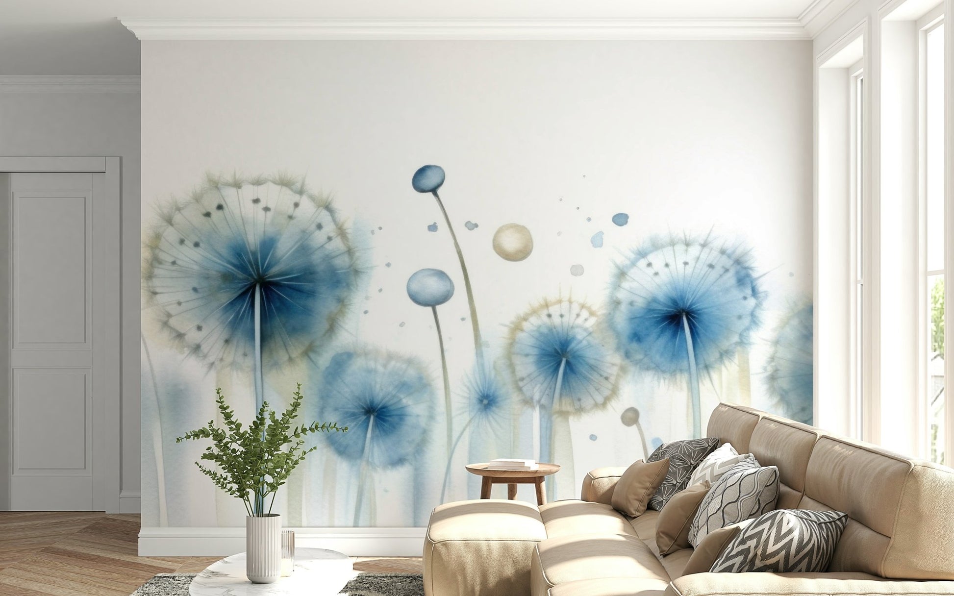 Pastel blue and white shades of Azure Dreams Dandelion Whispers Wall Mural.