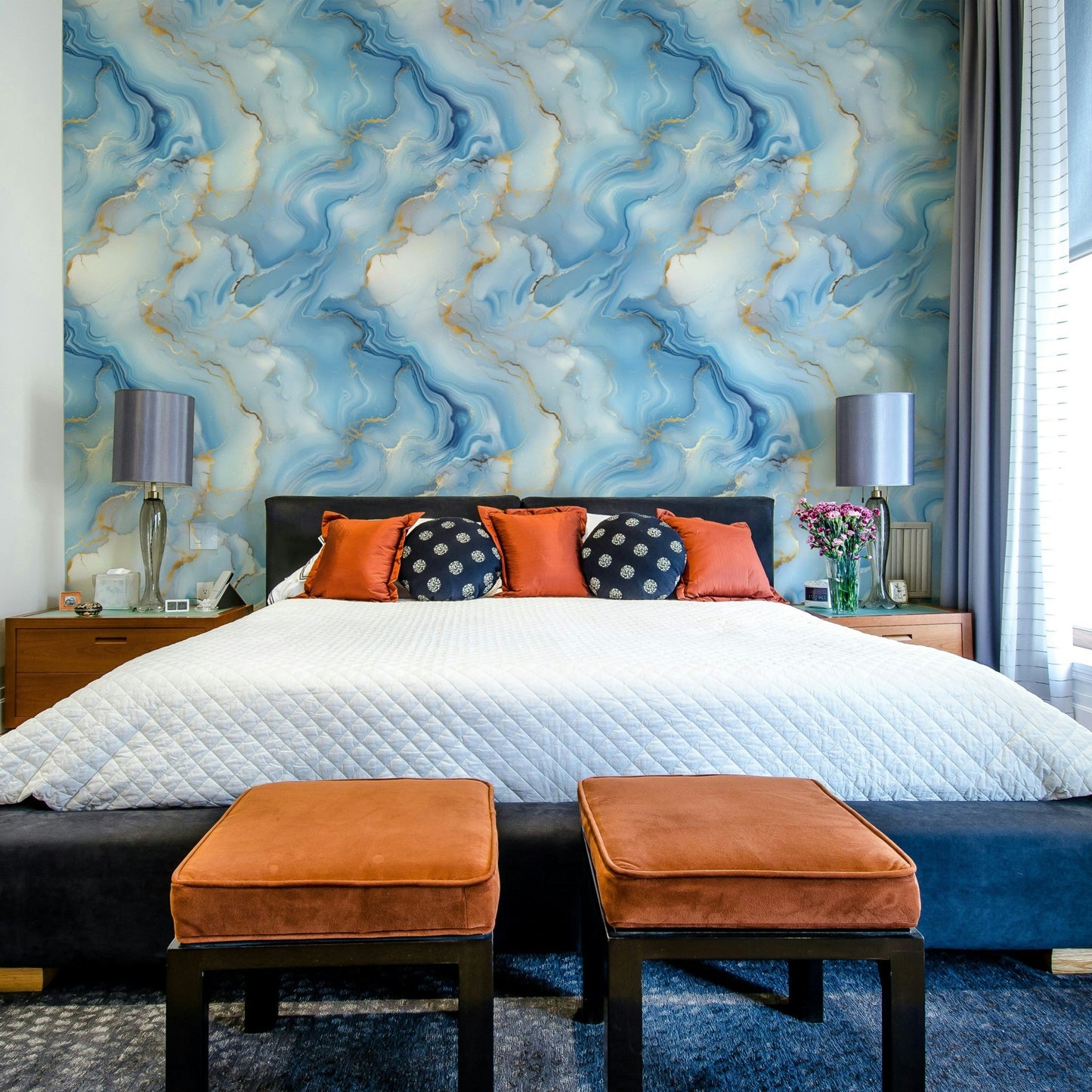 Abstract wallpaper design in rich azure and metallic gold

