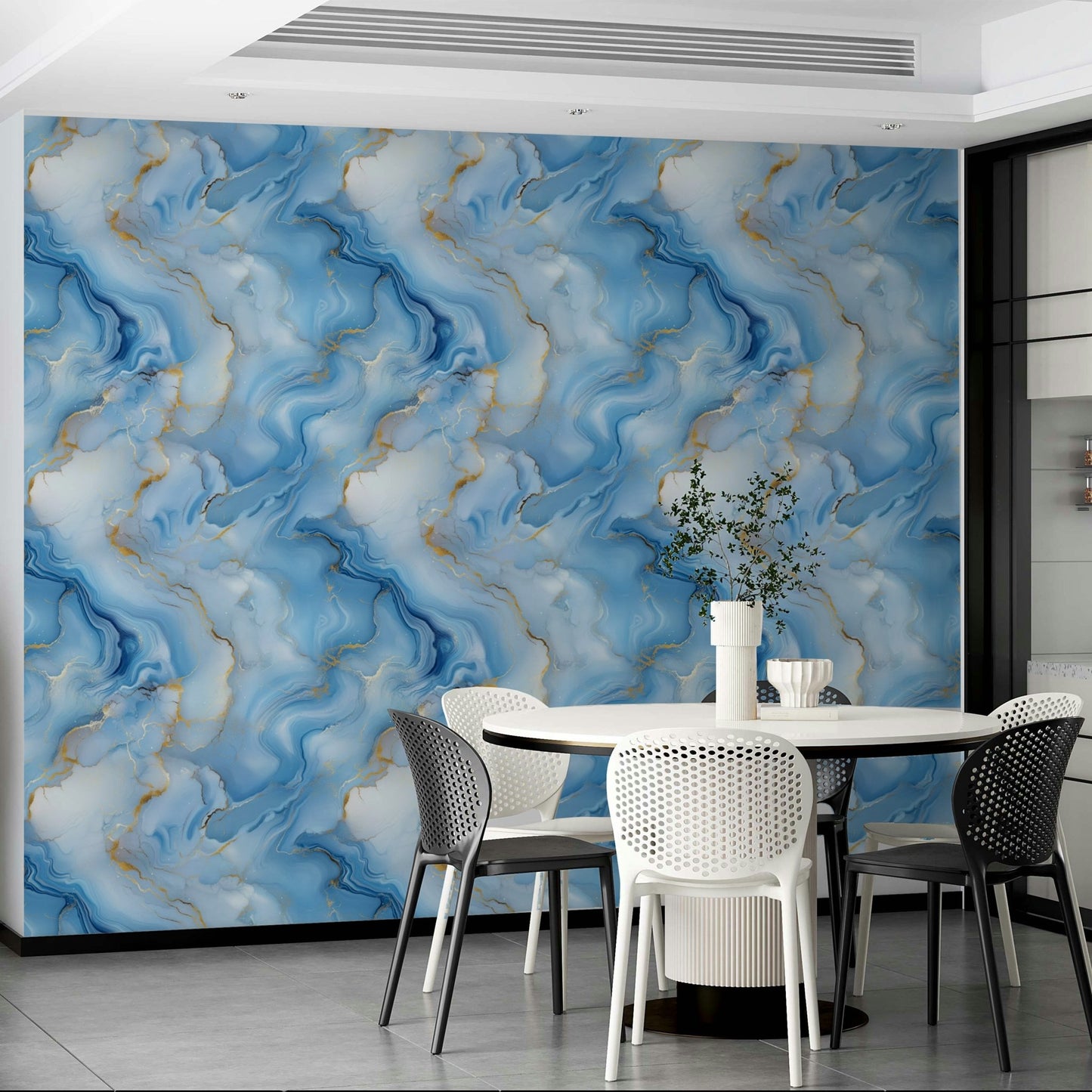 Modern interior featuring dramatic abstract wallpaper

