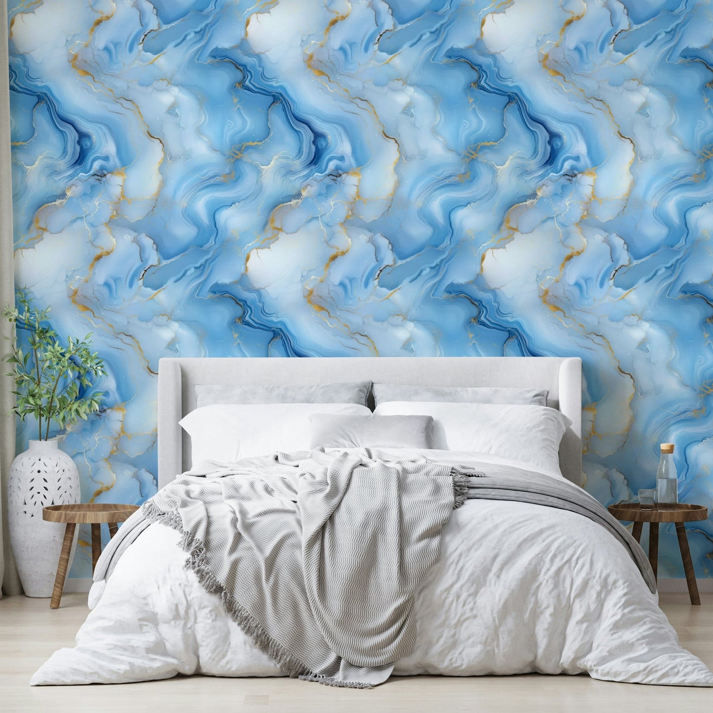 Luxurious wall design with bold blue and golden lines

