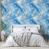 Luxurious wall design with bold blue and golden lines

