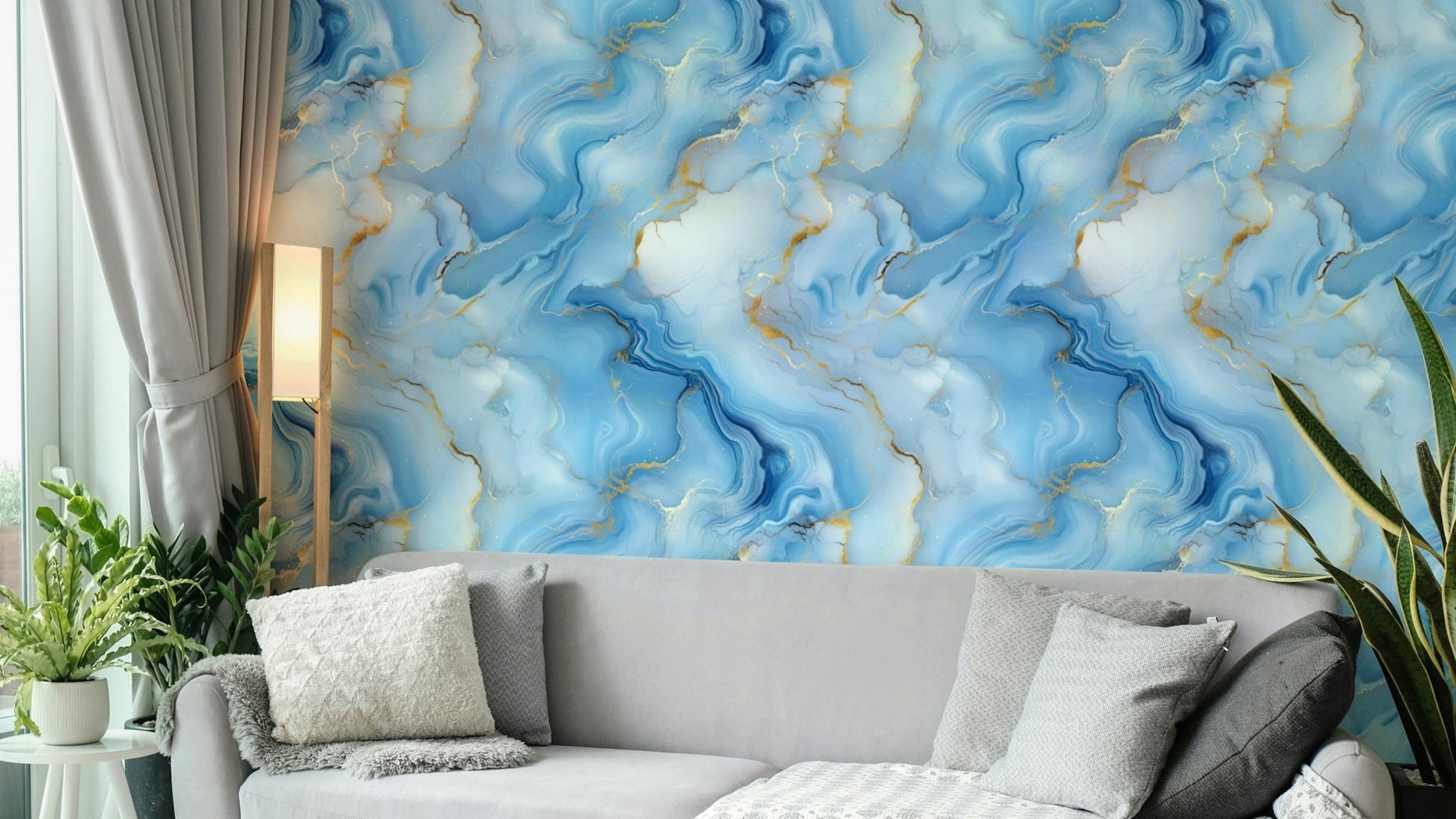 Elegant deep blue wallpaper with gold veining accents

