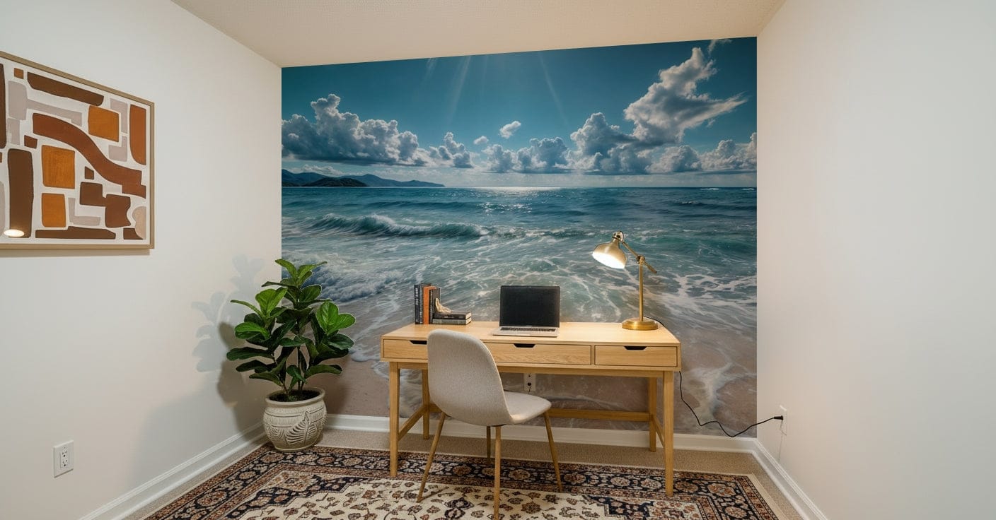 Bright azure horizons wall mural for a peaceful and airy interior feel., GD7637