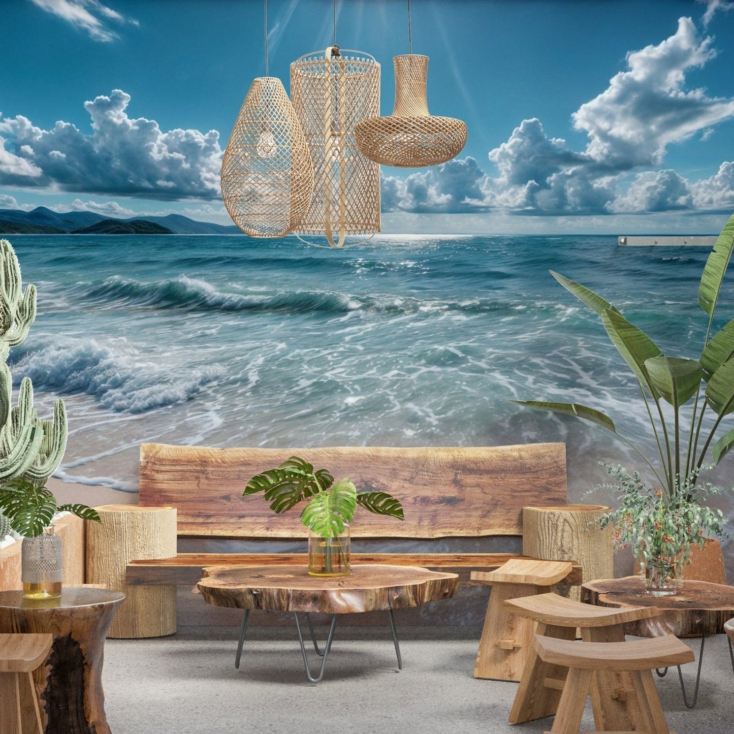 Modern coastal wall mural with a seamless blue and white gradient., GD7637