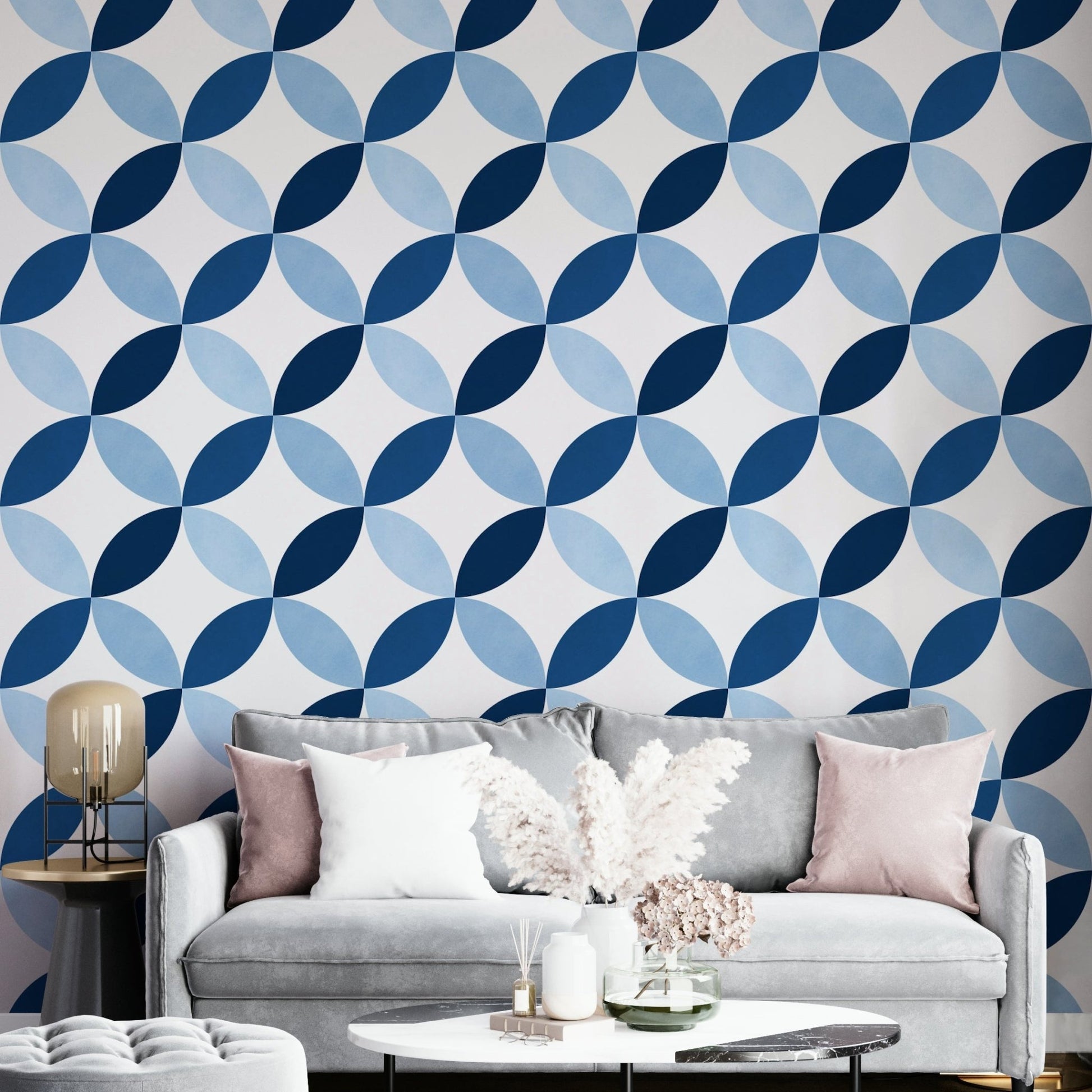 The colors are soft, muted tones of azure, blue, and white.


