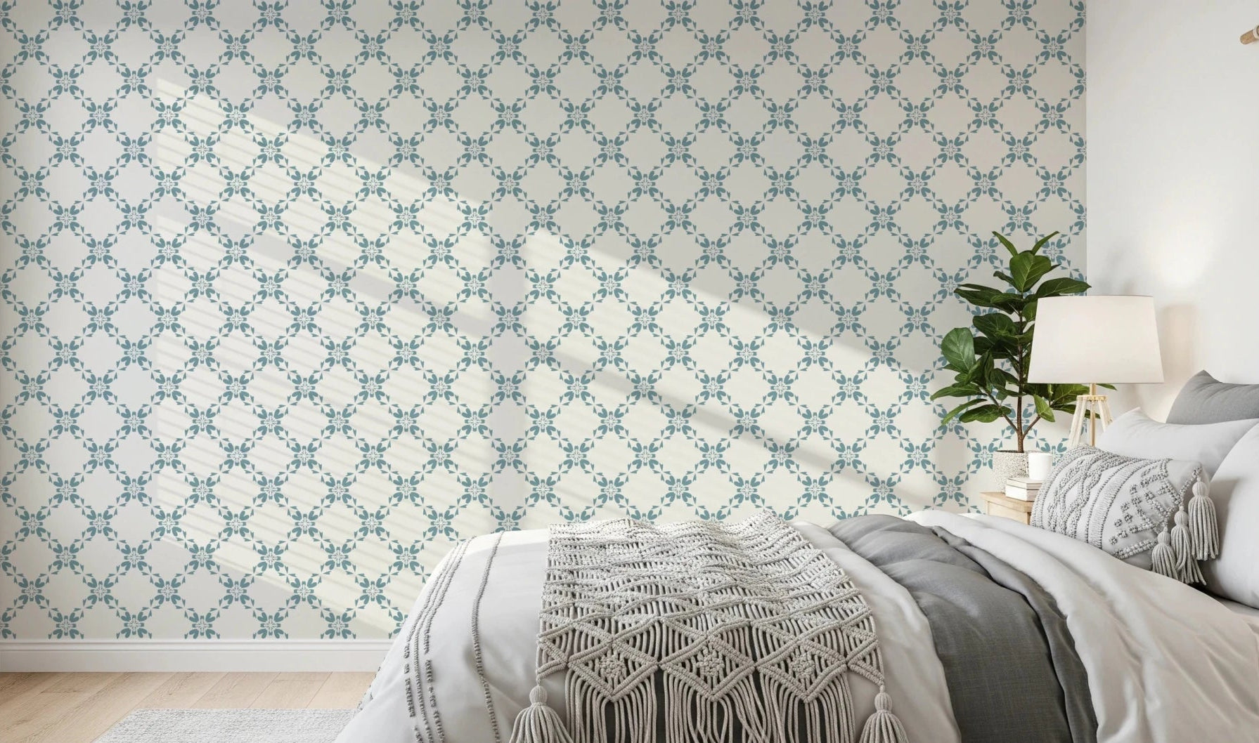 Bedroom styled with Azure Lattice Wallpaper bringing a soft blue patterned backdrop, GD8234