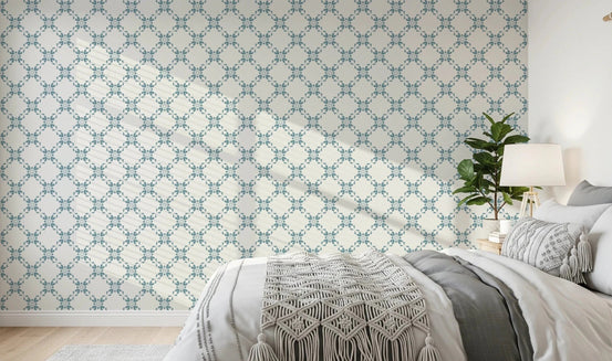 Bedroom styled with Azure Lattice Wallpaper bringing a soft blue patterned backdrop, GD8234