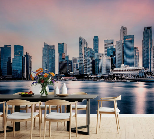 Pastel evening city view in Azure Metropolis wall mural for an dining area