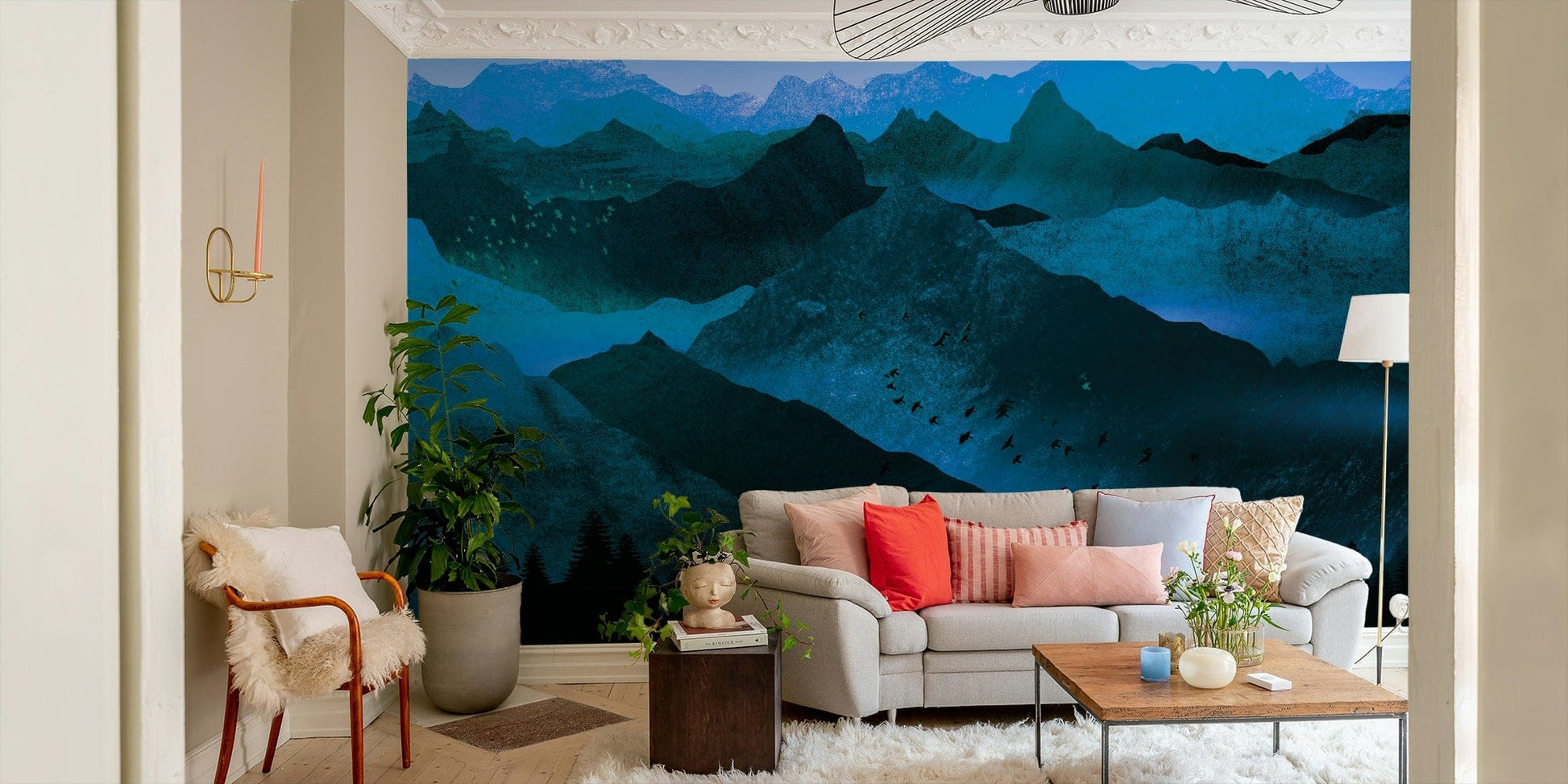 Blue forest and peaks mural

