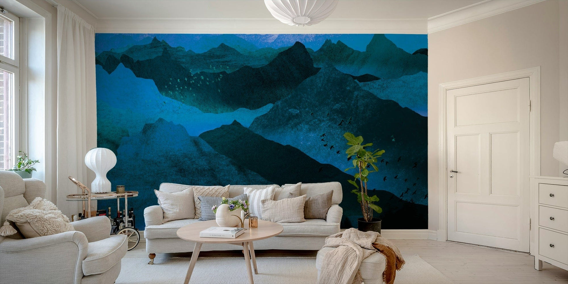 Cool-toned layered mountains mural

