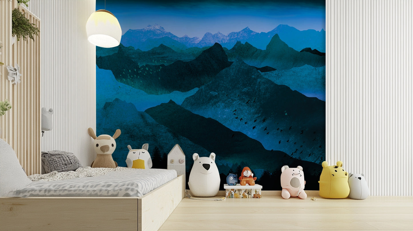 Dark forest and blue hills mural

