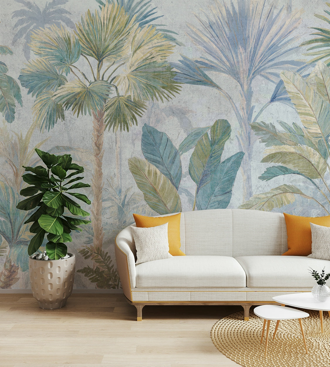 The design features a repeating pattern of soft, graceful palm trees.
