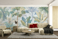 A peaceful wall mural with a natural, tropical design.

