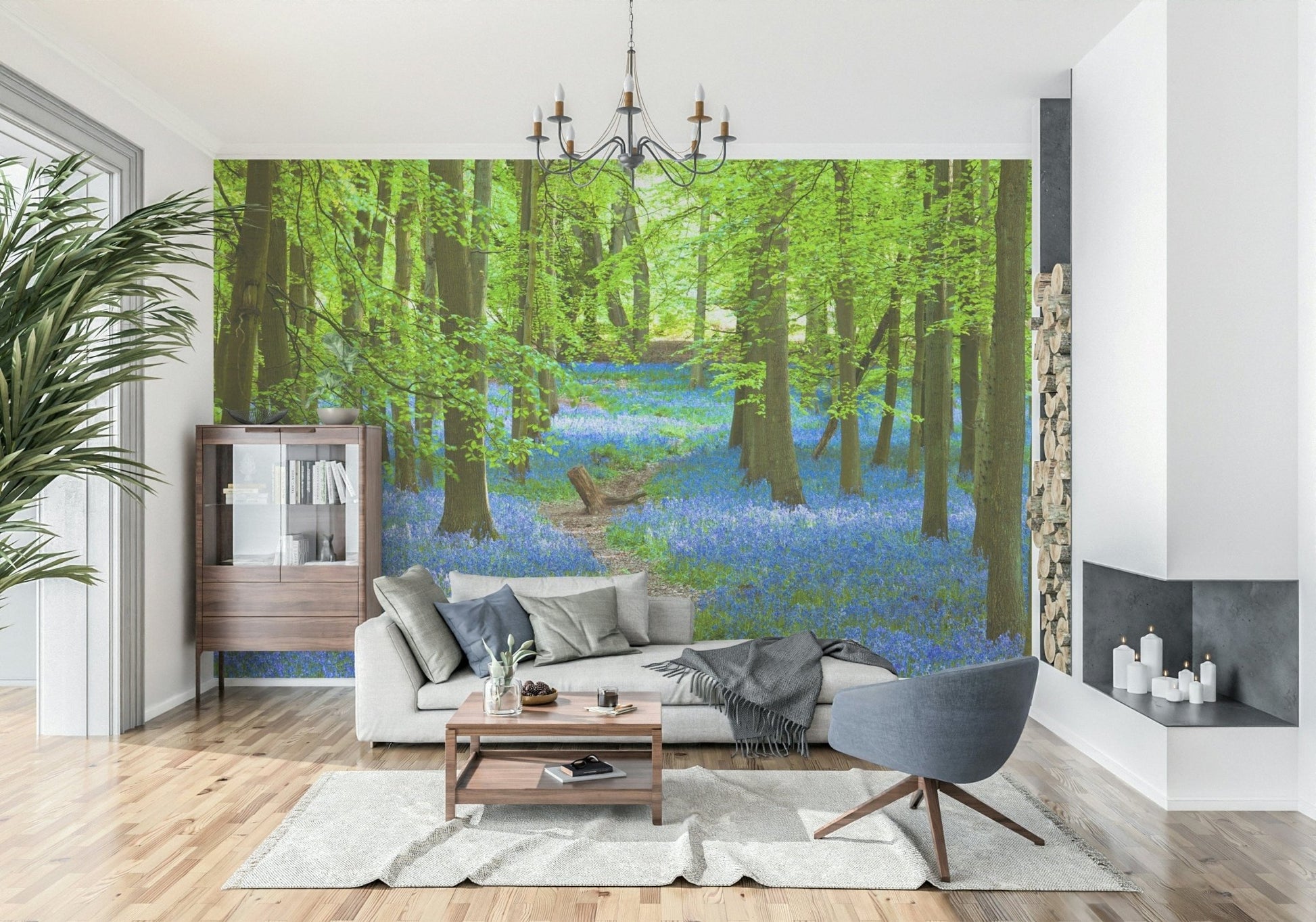Azure Pathway Wall Mural in a modern living room with blue accents wallpaper.