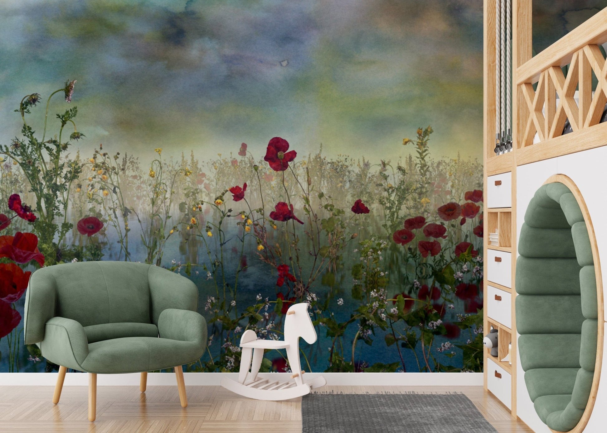 Azure Petal Panorama Poppy Blue Flower Wall Mural - Giffywalls