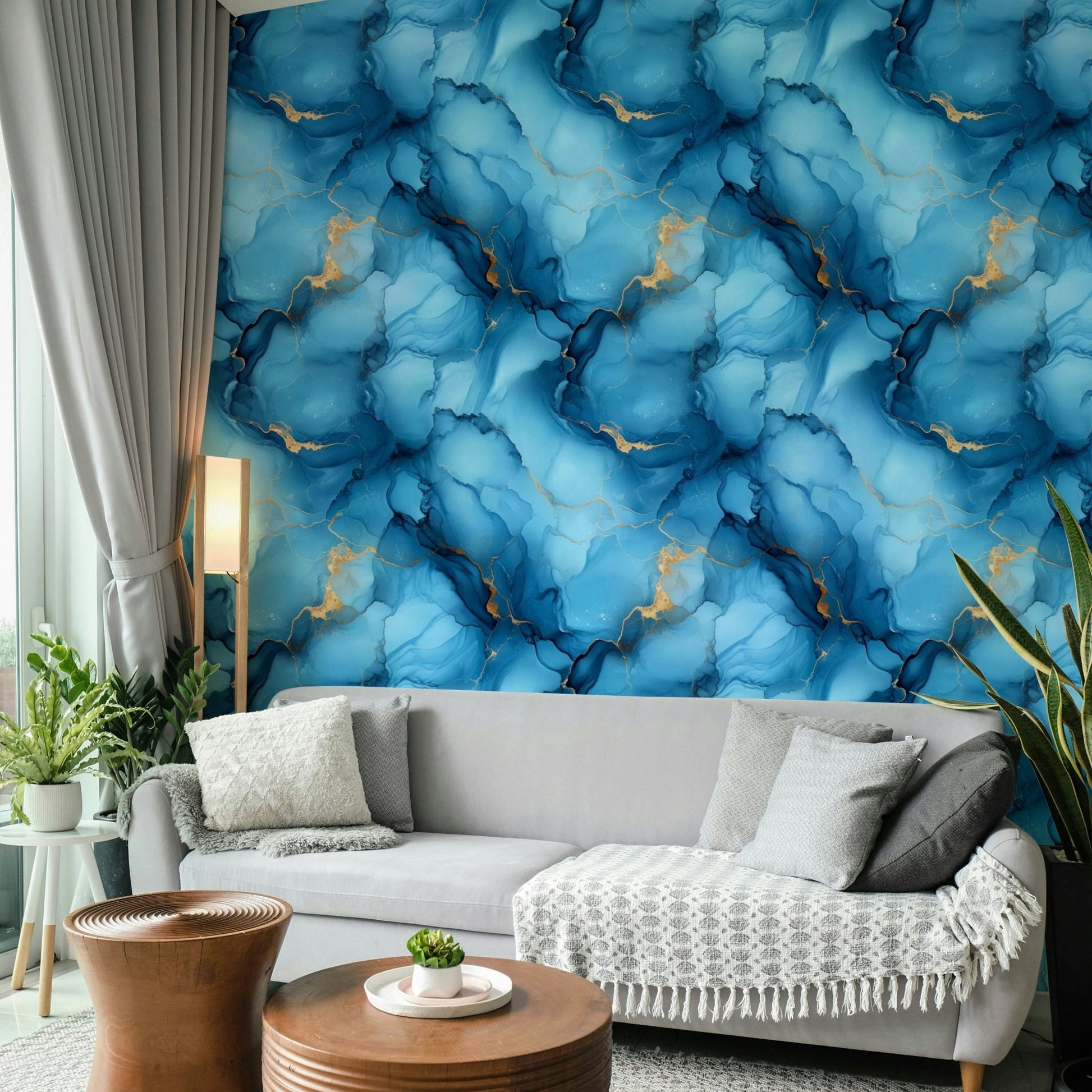 Bedroom wall with tranquil Azure River flow pattern

