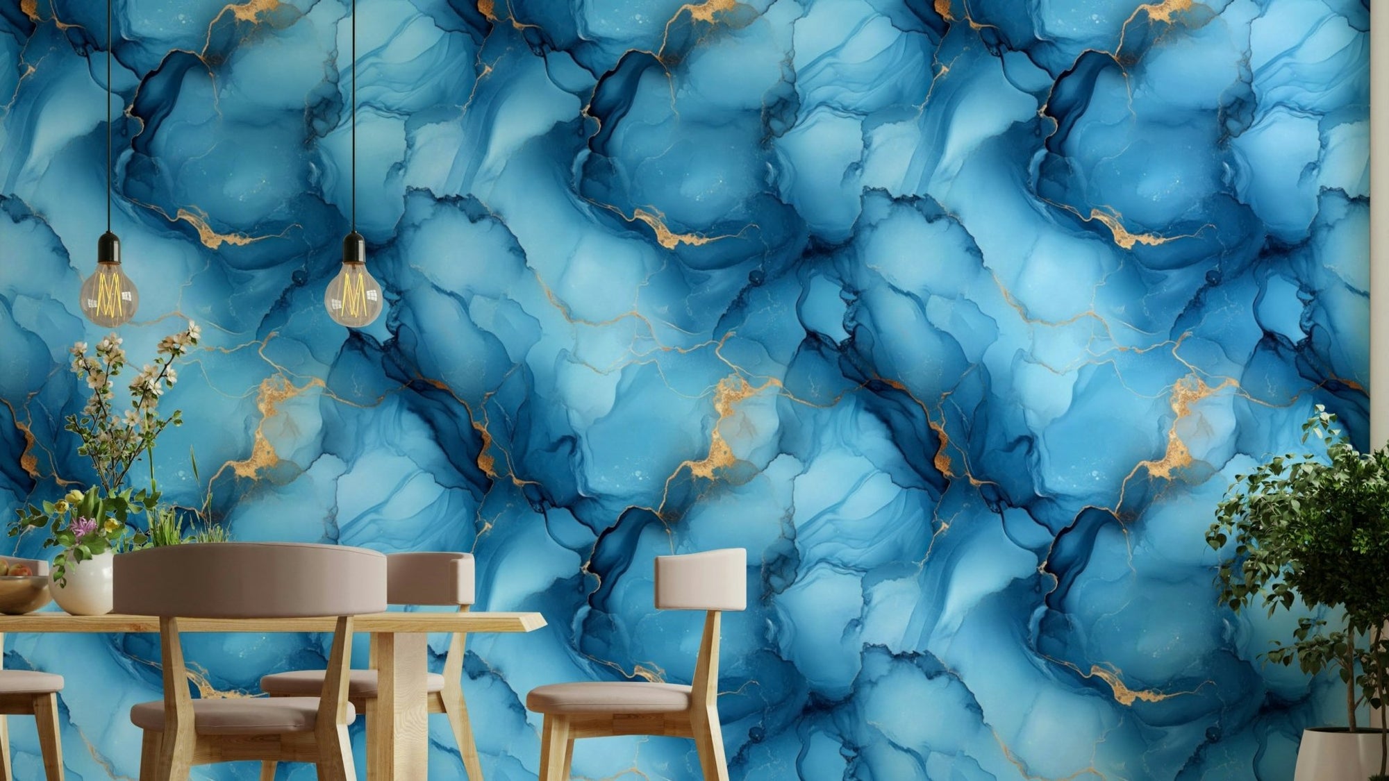 Azure River Wallpaper with flowing blue wave patterns, GD2149