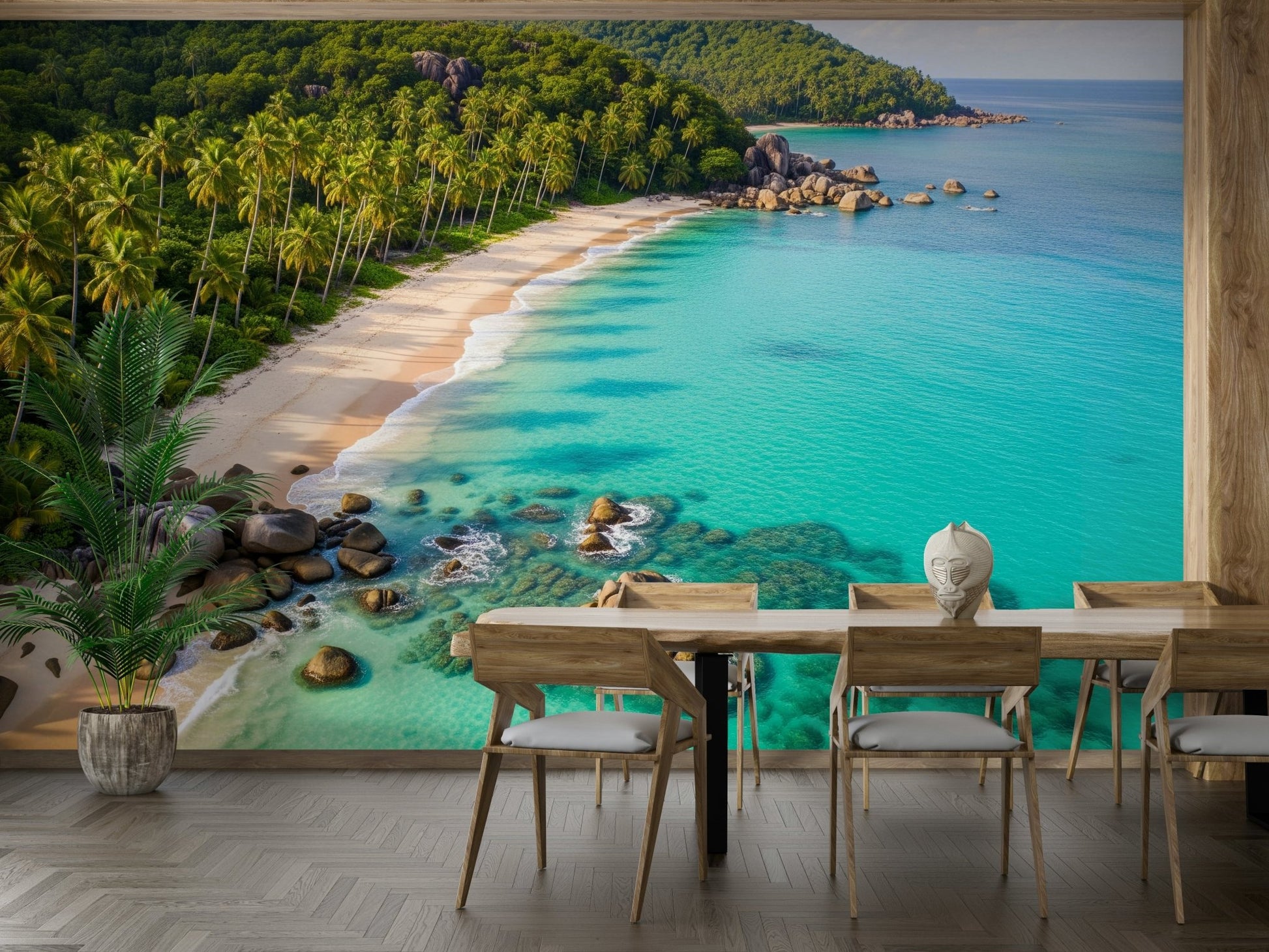 A full-wall mural of a serene beach landscape.
