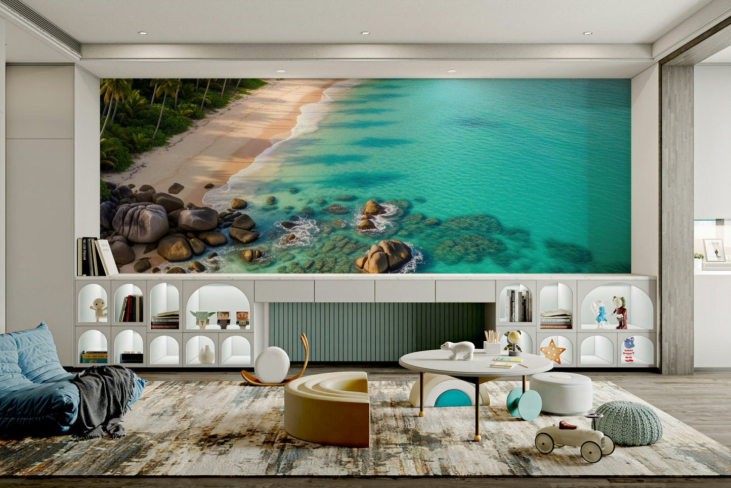 The colors are a blend of soft blues, whites, and sandy tones.
