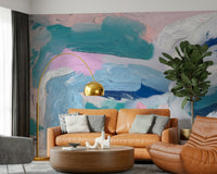 Azure Strokes abstract oil painting wallpaper for walls.