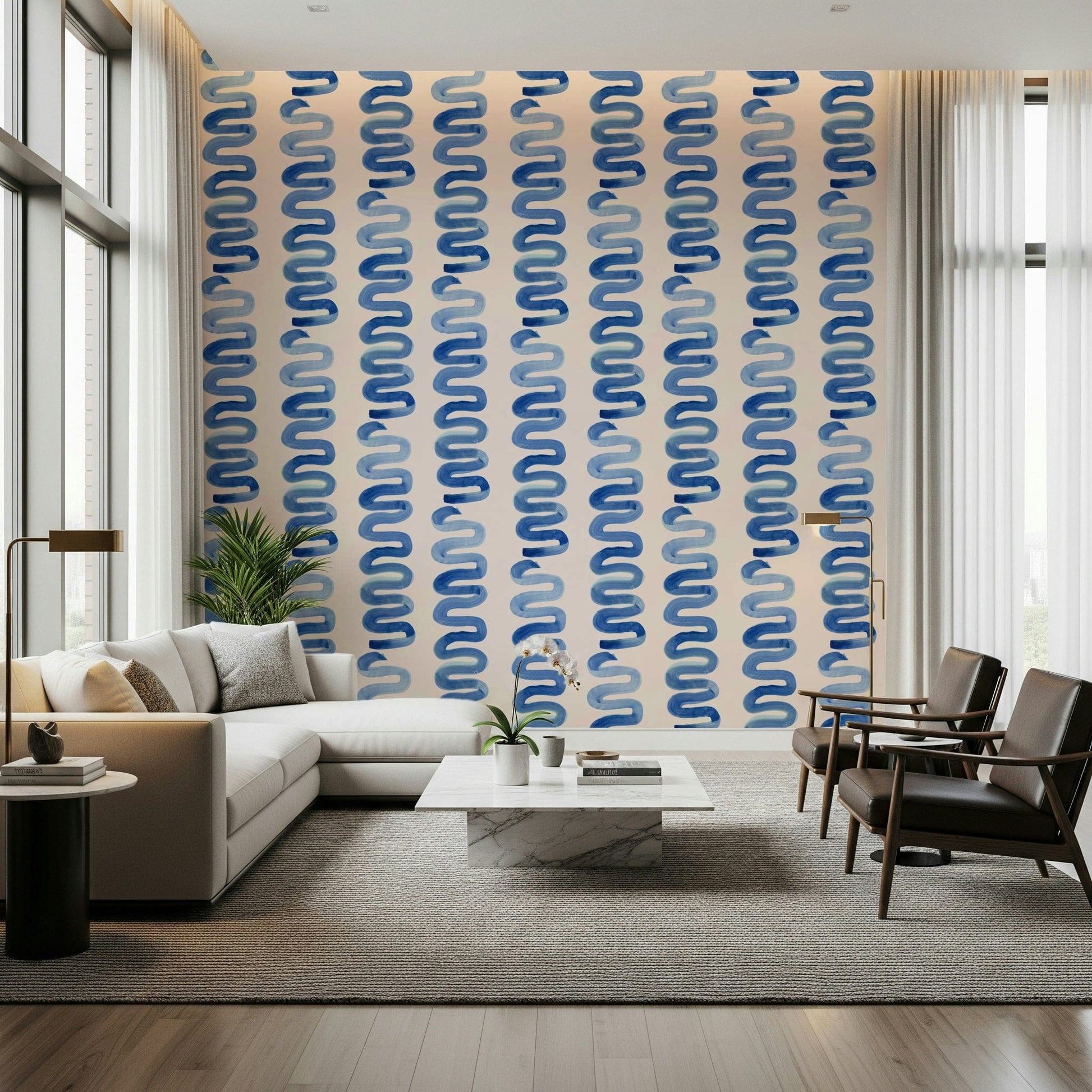Repeating squiggle Azure Swirls Wallpaper design.