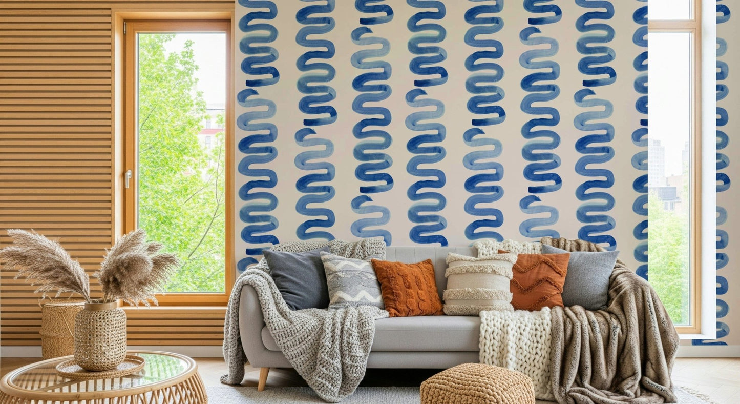 Indigo Azure Swirls Wallpaper column pattern.