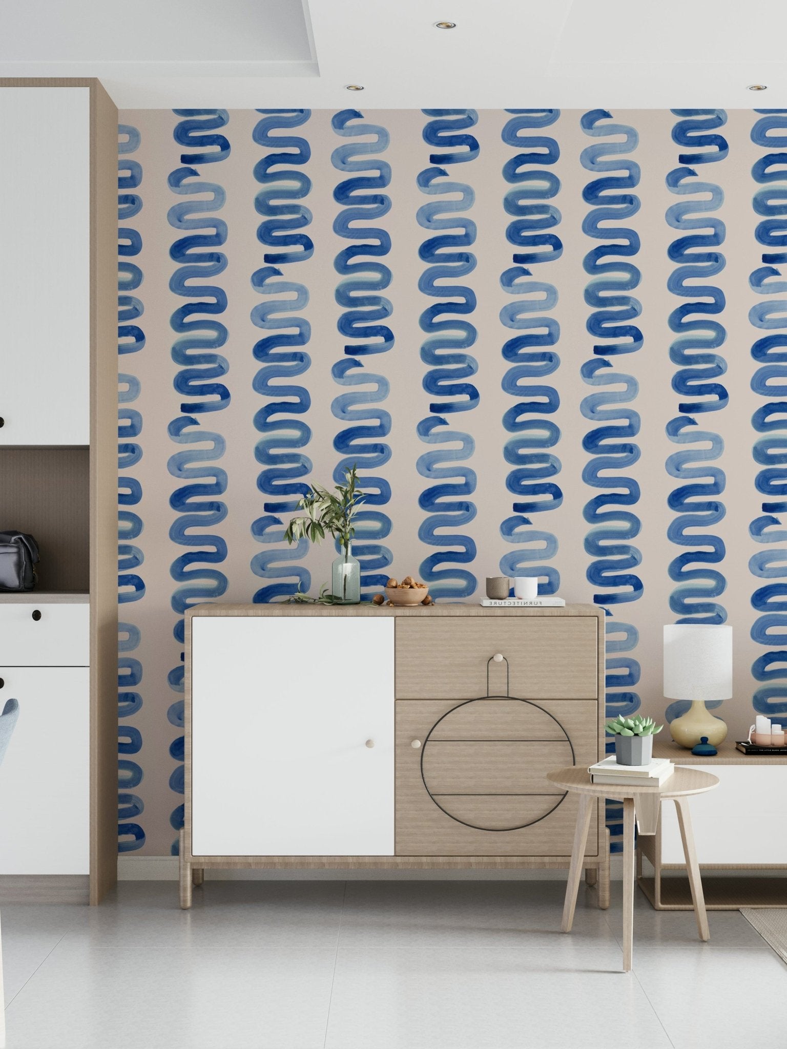 Hand-painted Azure Swirls Wallpaper brushstrokes.