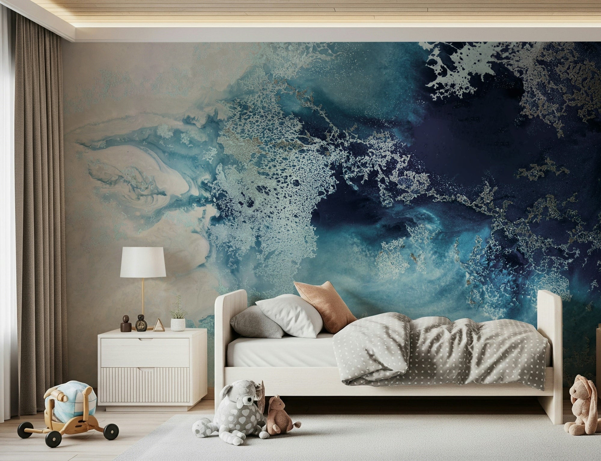 A beautiful abstract tide wallpaper mural in vibrant, azure blue., GD5510